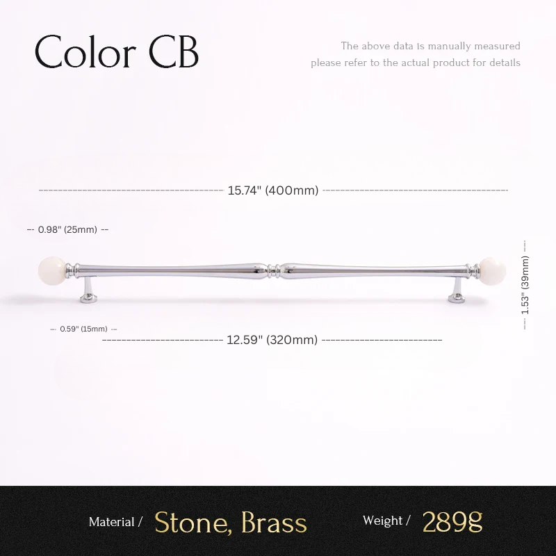 Measurement chart for a decorative item with stone and brass components, showing dimensions and weight.