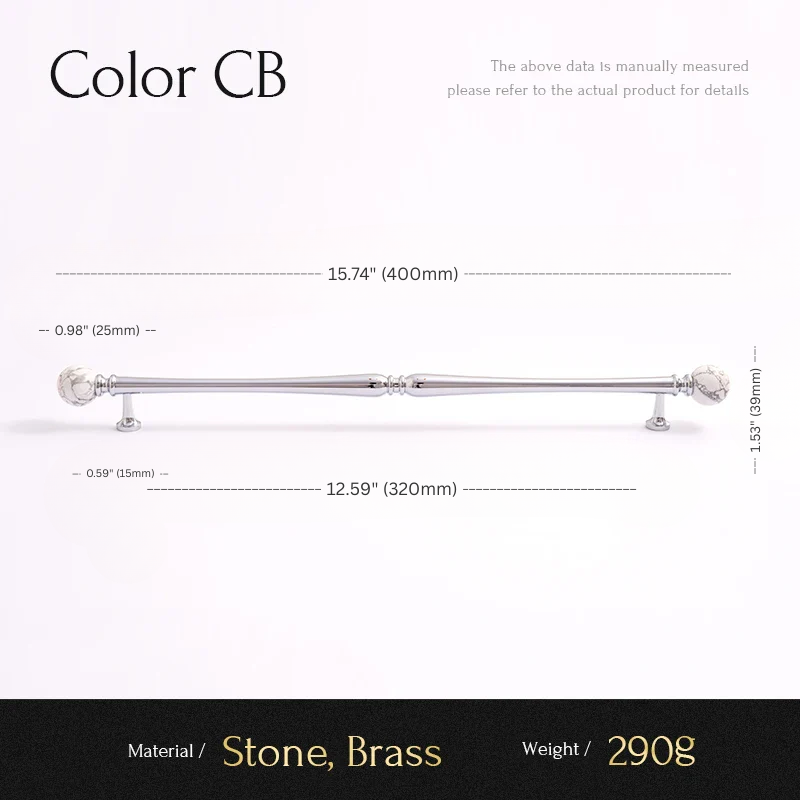 Measurement chart for a decorative rod with stone and brass components, showing dimensions and material details.