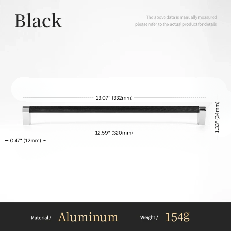 Measurement details of a black aluminum bar with dimensions and weight on a white background.