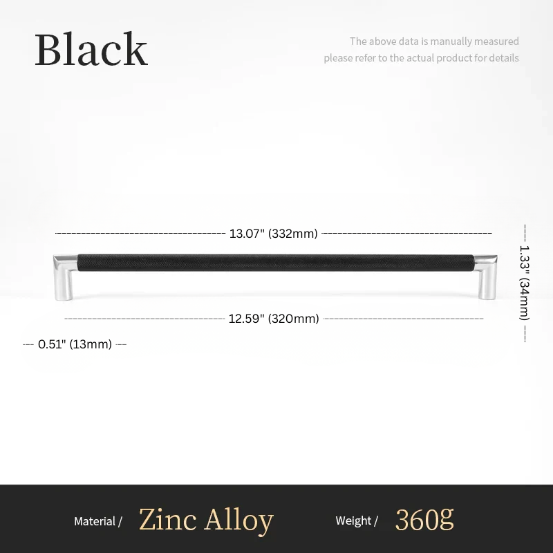 Measurement chart for a black handle with dimensions and material details on a white background.