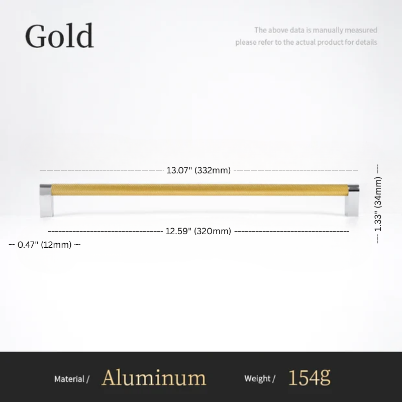 Measurement chart for a gold-colored aluminum bar with dimensions and weight details.