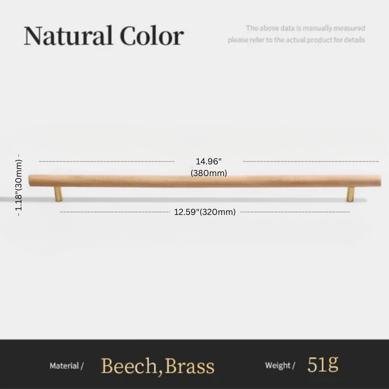 Wooden handle with measurements and material details on a white background