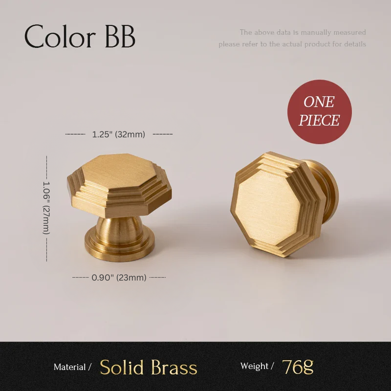 Two gold cabinet knobs with measurements and material details on a light gray background
