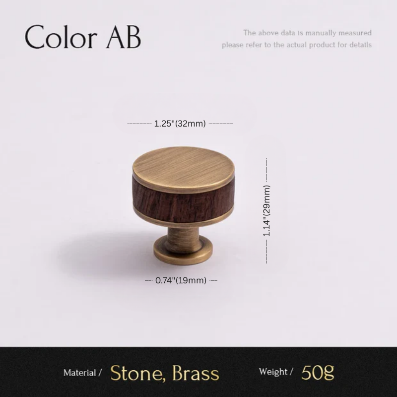 Wooden knob with brass accents and measurements on a white background