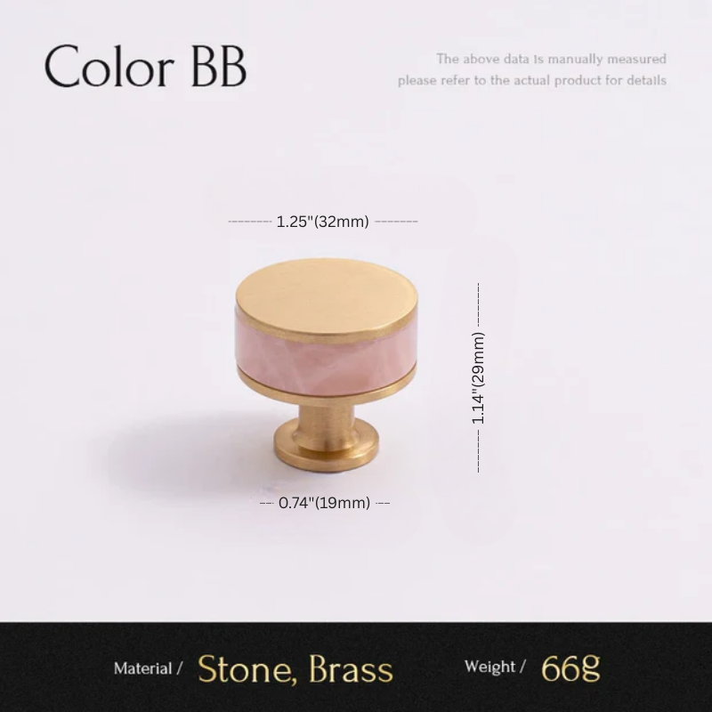Gold and pink cabinet knob with measurements on a white background