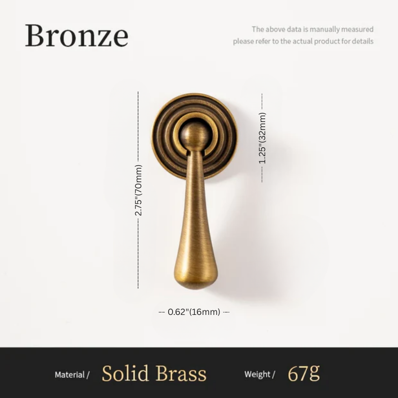 Bronze door handle with measurements on a white background