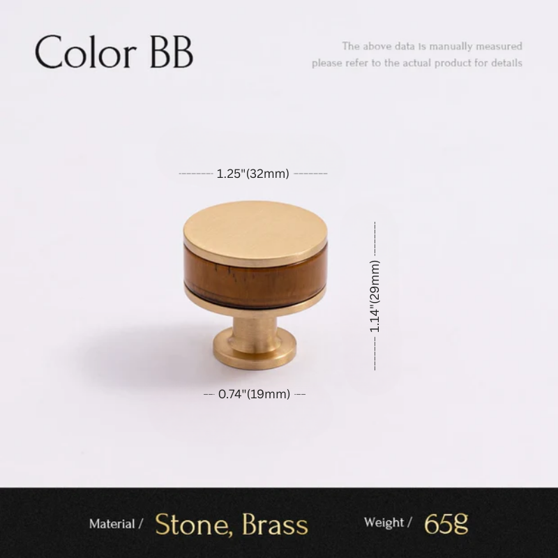 Brass and stone cabinet knob with dimensions on a white background