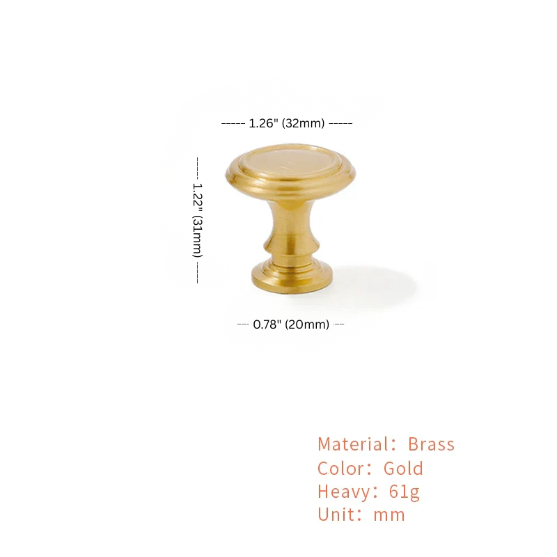Gold cabinet knob with measurements and material details on a white background
