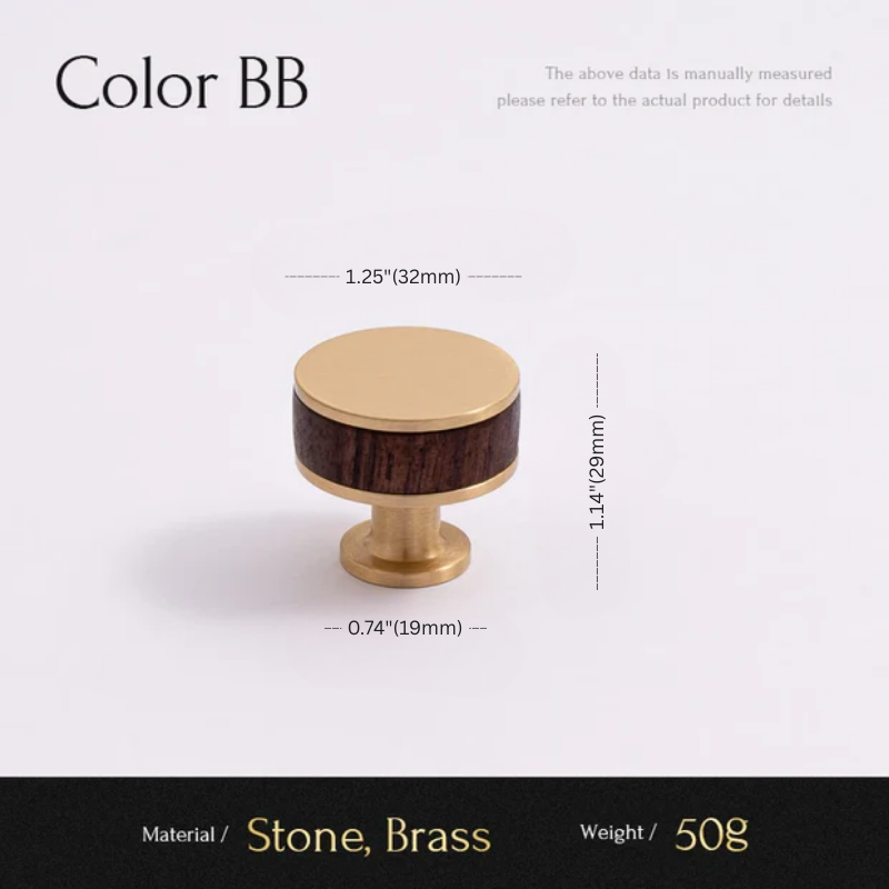 Gold cabinet knob with measurements on a white background