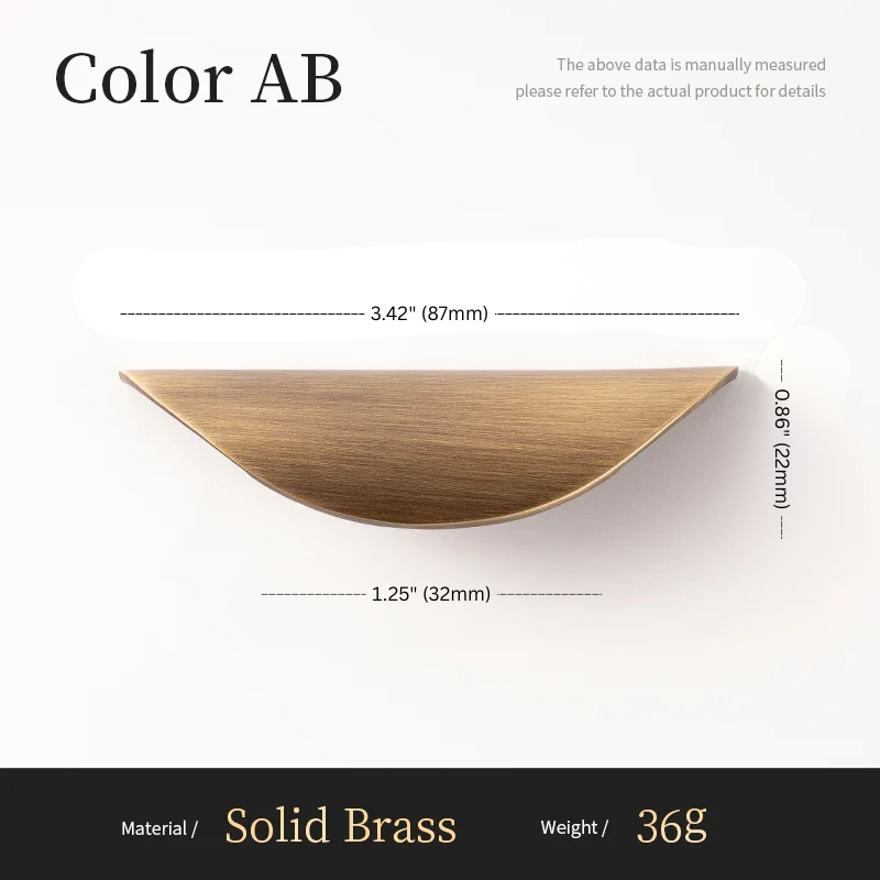 Measurement chart for a solid brass product labeled 'Color AB' with dimensions and material details.