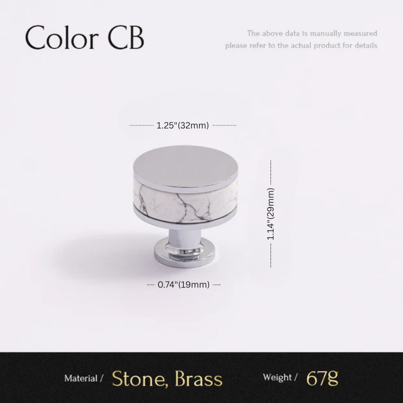 Cabinet knob with marble pattern and brass finish, showing measurements and material details.