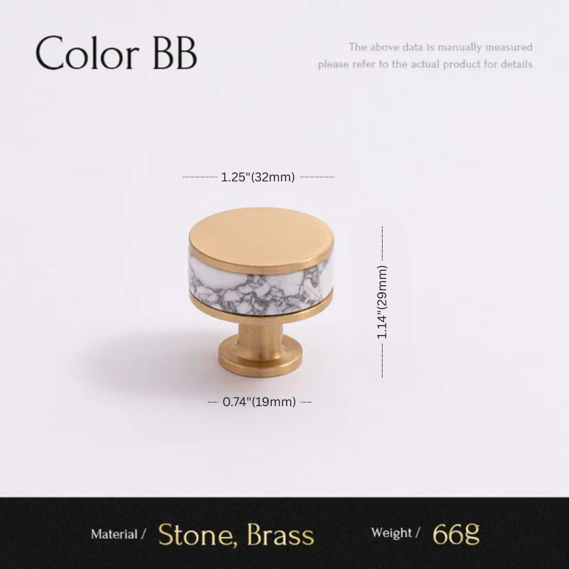 Gold cabinet knob with marble pattern and measurements on a white background