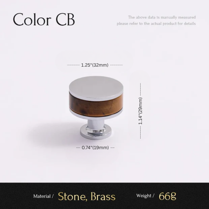 Measurement chart for a decorative knob with stone and brass finish on a white background.