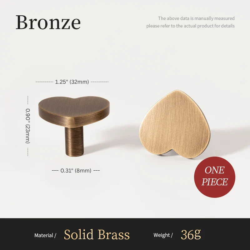 Heart-shaped brass knobs in bronze and gold on a white background with measurements and material details.