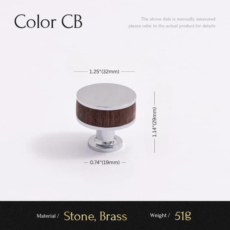 Measurement chart for a cabinet knob with dimensions and material details.