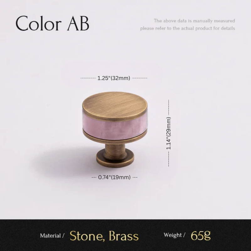 Cabinet knob with measurements and material details on a white background