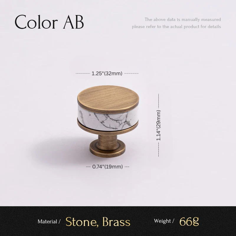 Cabinet knob with marble design and brass finish, shown with measurements on a white background.