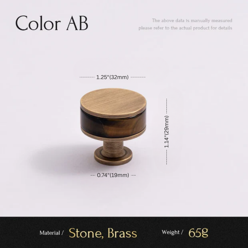 Brass cabinet knob with measurements on a white background
