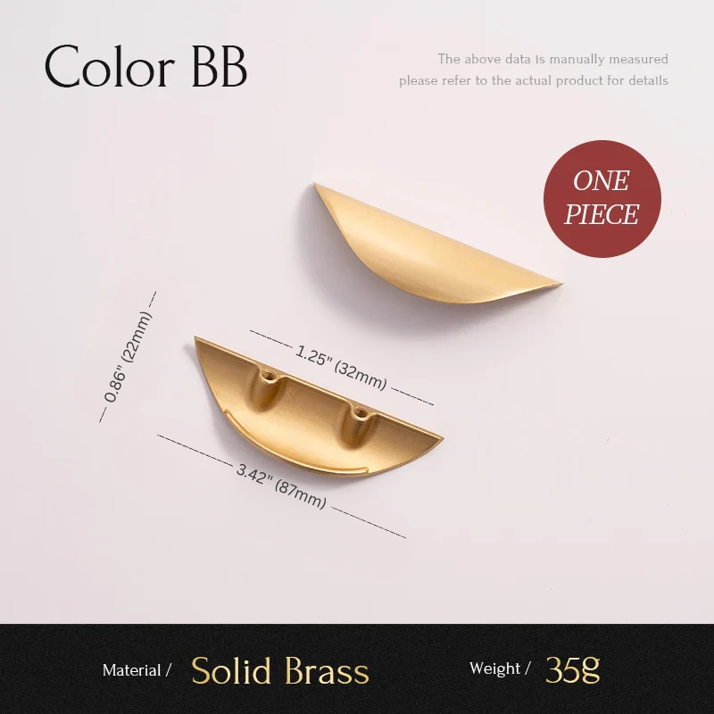 Two gold crescent-shaped objects with measurements on a light gray background, labeled 'Color BB'.