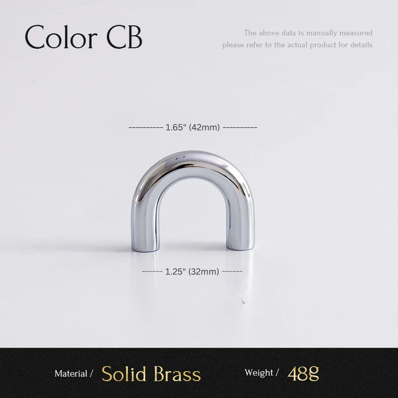 Chrome U-shaped hardware component with measurements on a light gray background