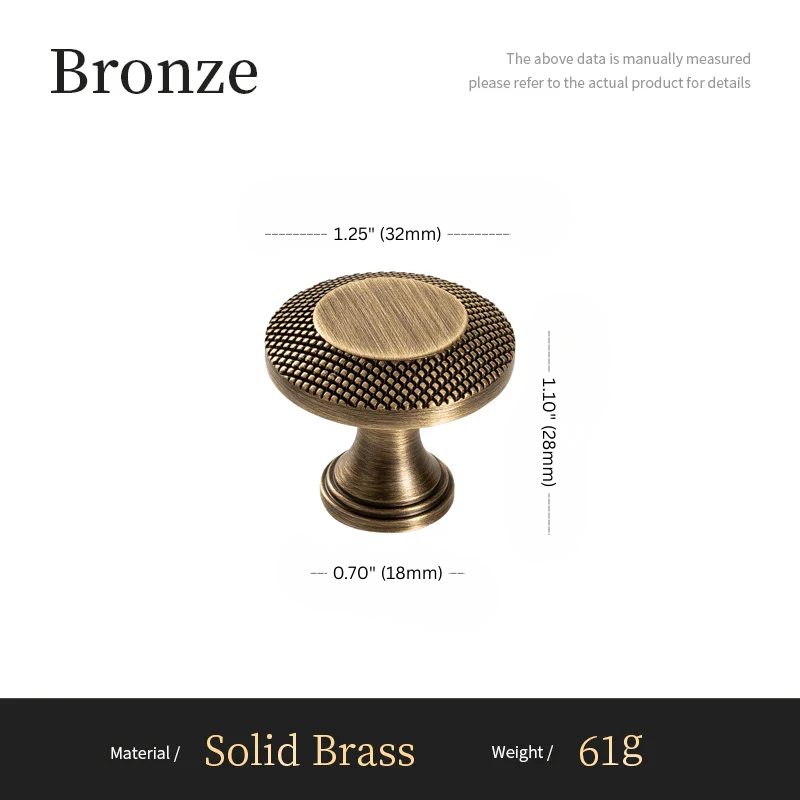 Bronze cabinet knob with measurements on a white background