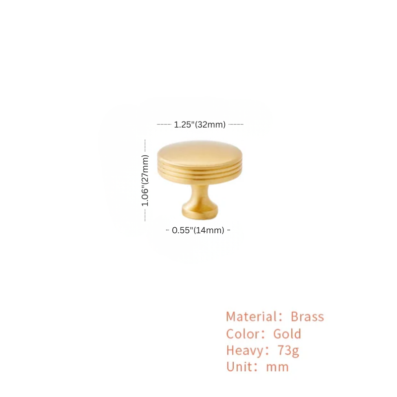 Gold cabinet knob with dimensions and material information on a white background