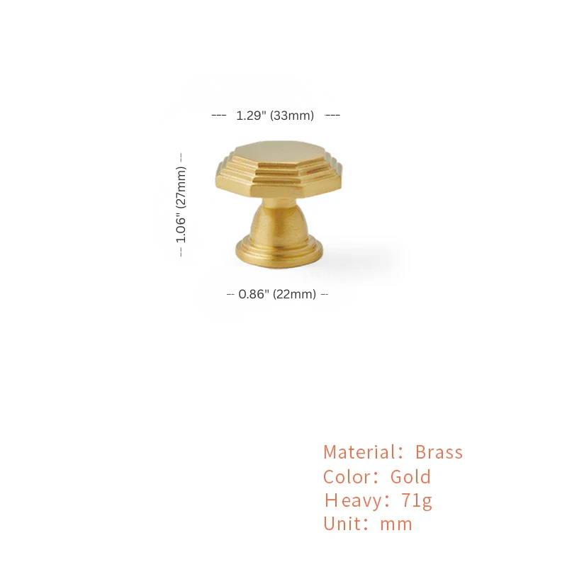 Gold cabinet knob with dimensions and material details on a white background