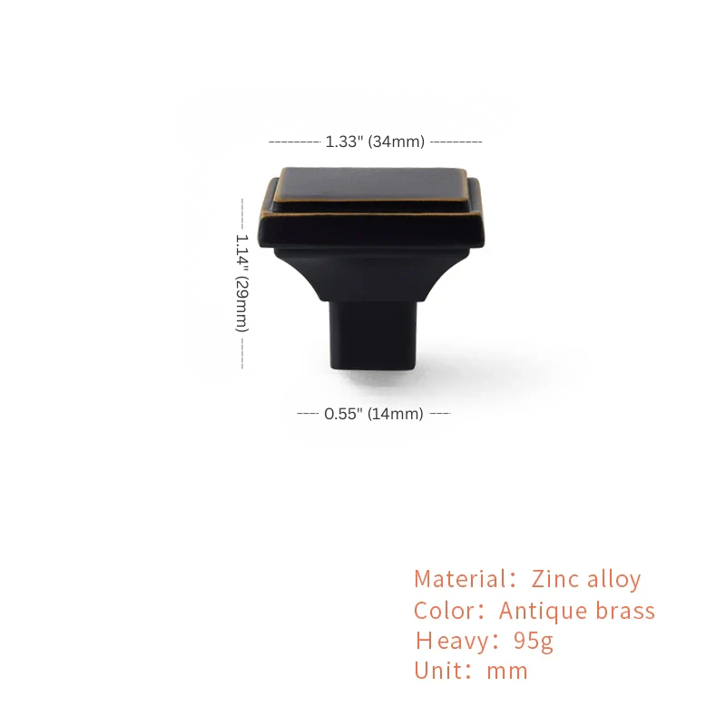 Black cabinet handle with measurements and material details on a white background