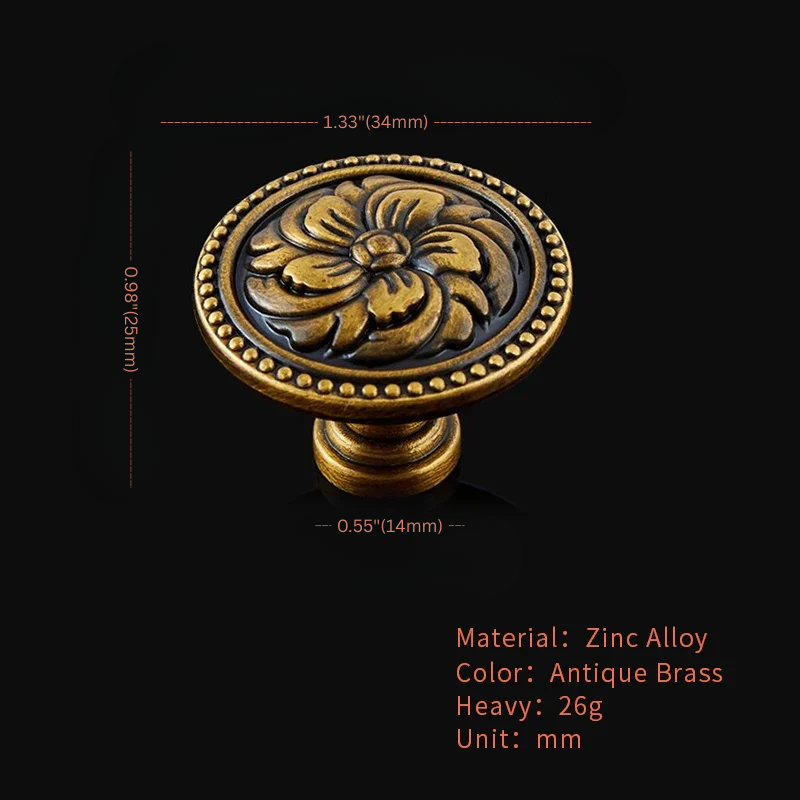 Antique brass cabinet knob with measurements on a black background