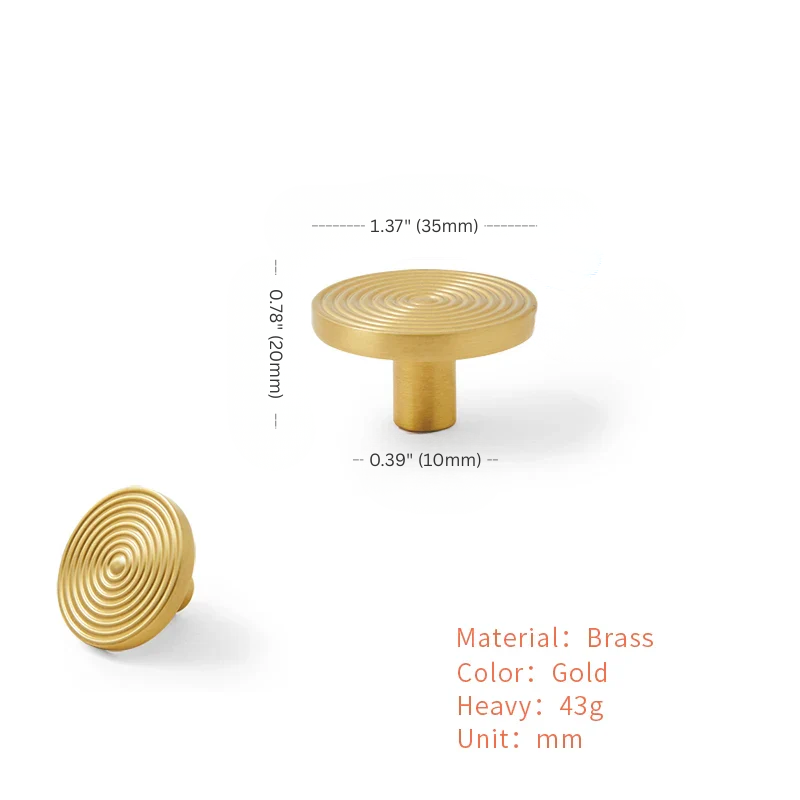 Gold cylindrical object with measurements and material details on a white background