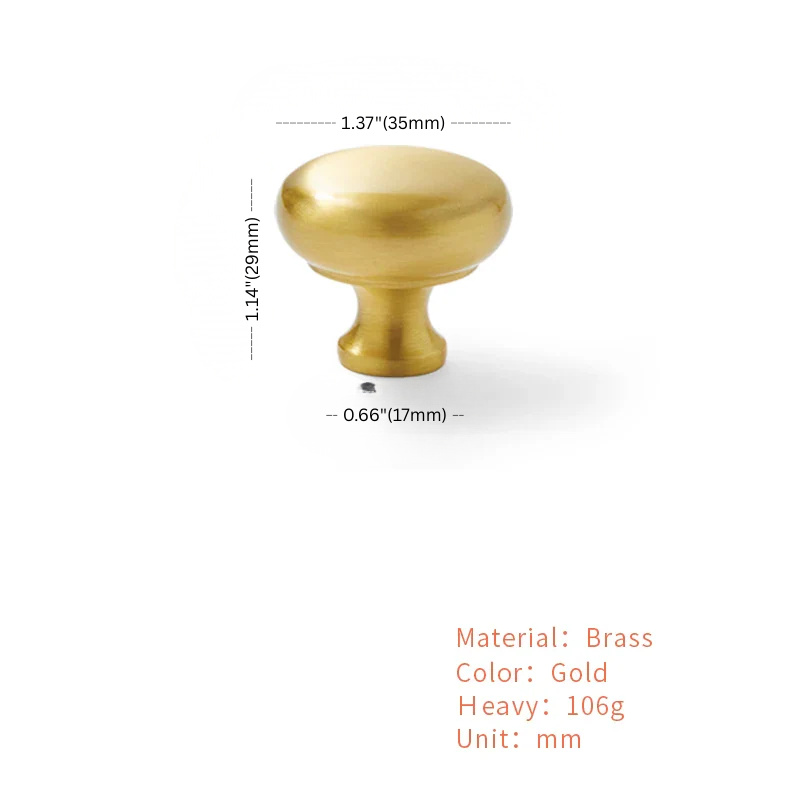 Gold cabinet knob with dimensions and material details on a white background