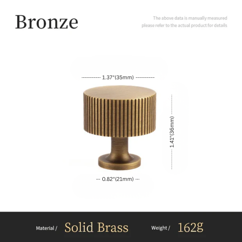 Bronze cylindrical object with dimensions and material details on a white background