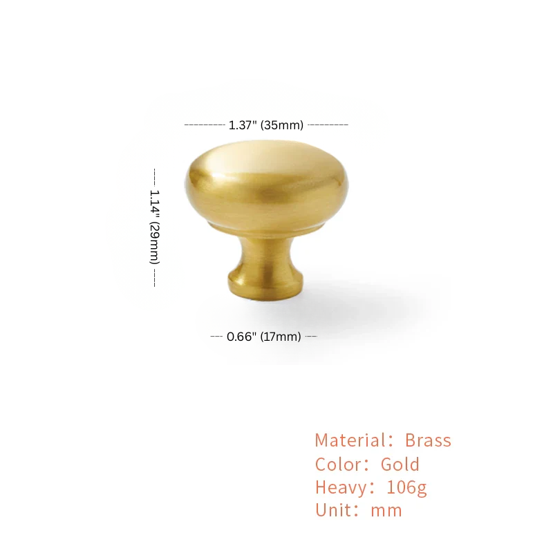 Gold cabinet knob with measurements and material details on a white background