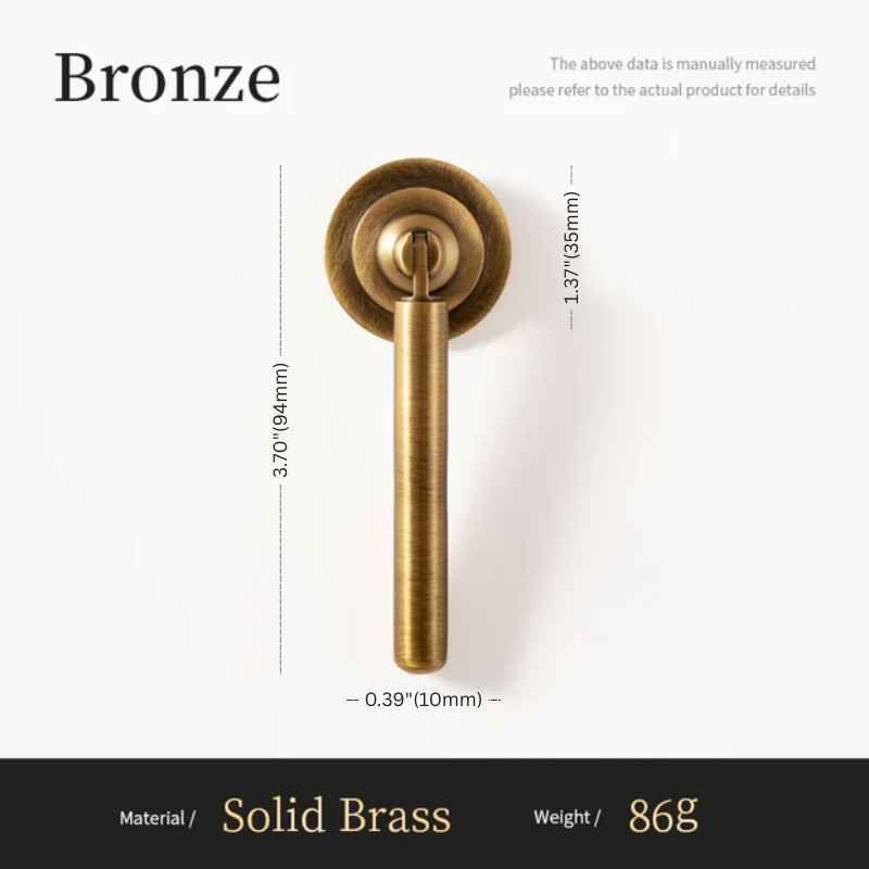 Bronze door handle with dimensions and material details on a white background