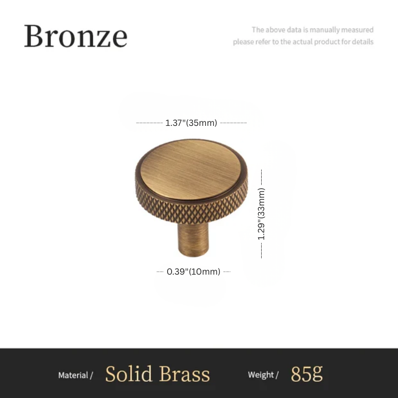 Bronze cabinet knob with dimensions and material details on a white background
