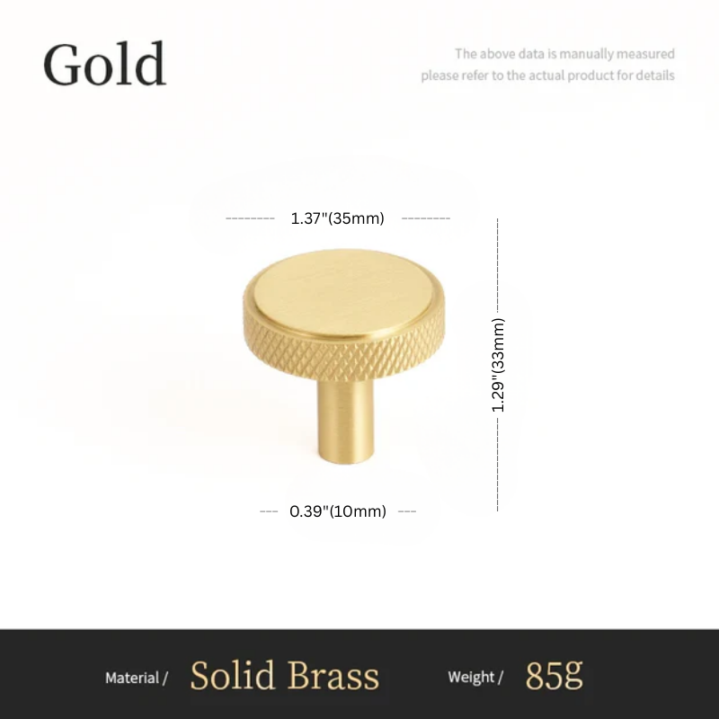 Gold knob with dimensions and material details on a white background
