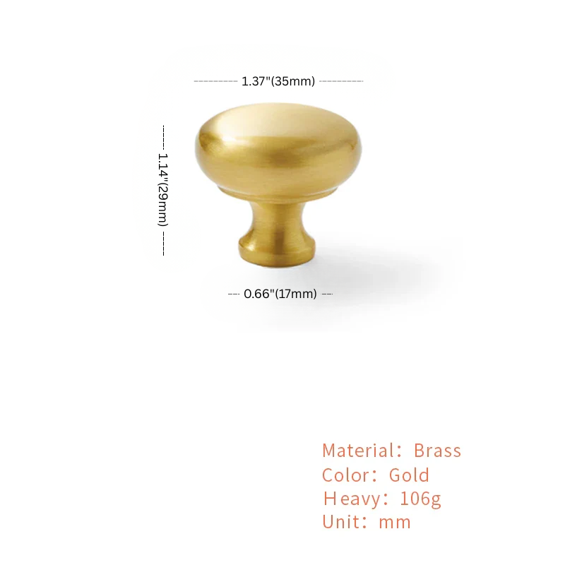 Gold cabinet knob with measurements and material details on a white background