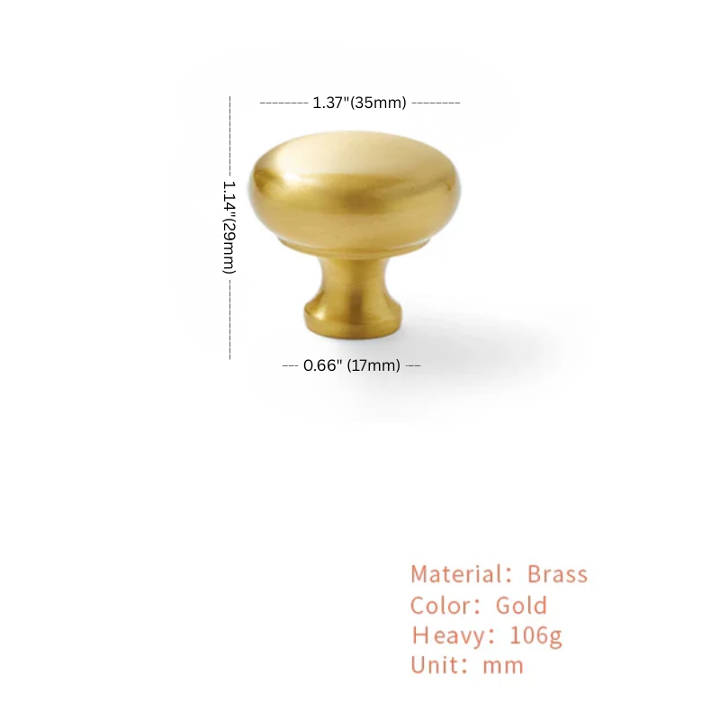 Gold cabinet knob with dimensions and material details on a white background