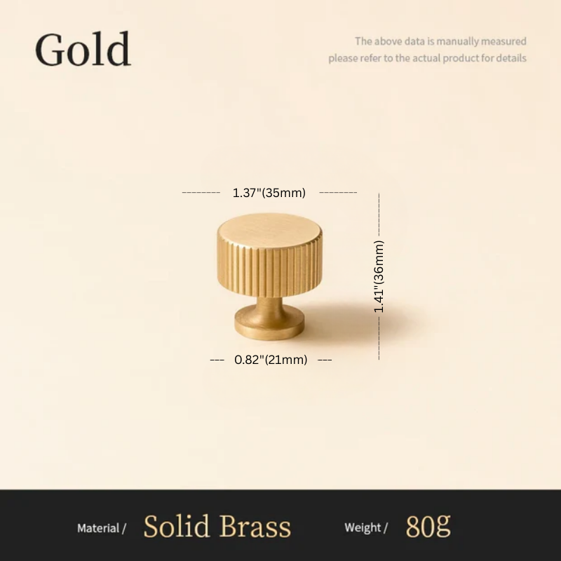 Gold cabinet knob with dimensions and material details on a beige background