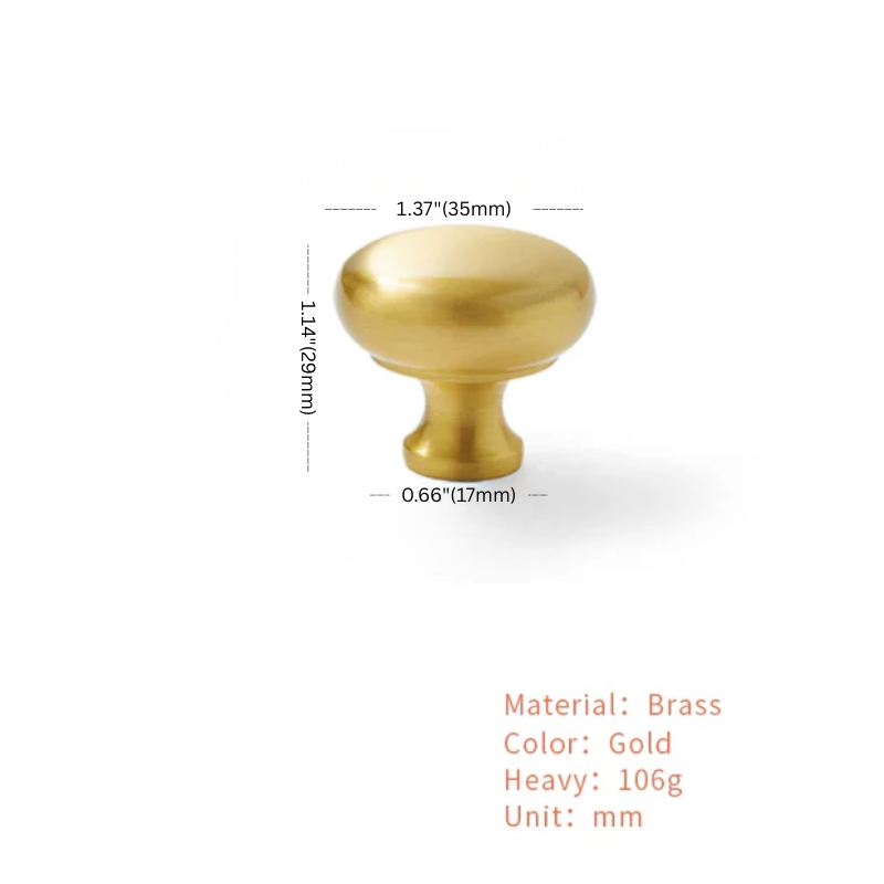 Gold cabinet knob with dimensions on a white background