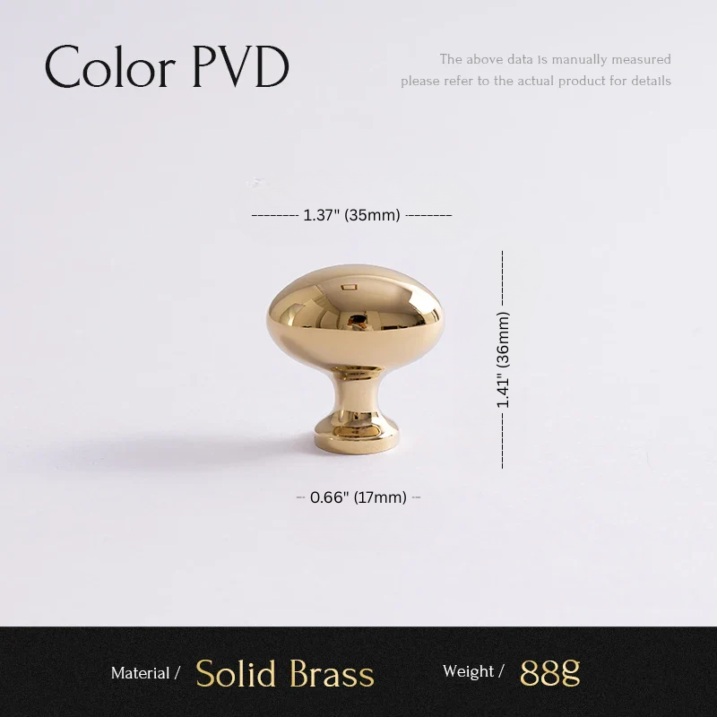 Gold cabinet knob with dimensions and material details on a white background