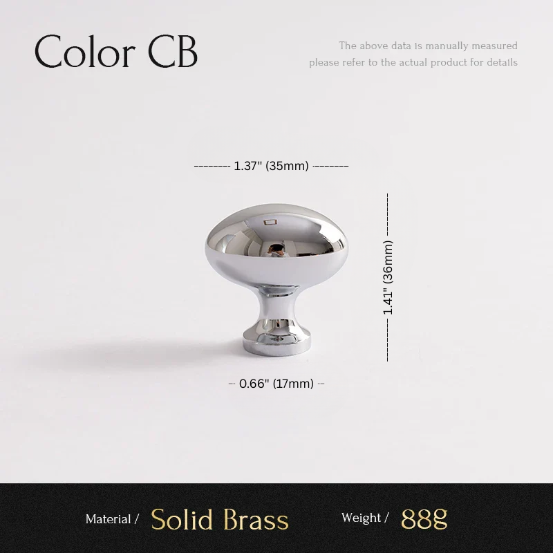 Chrome cabinet knob with dimensions and material details on a white background
