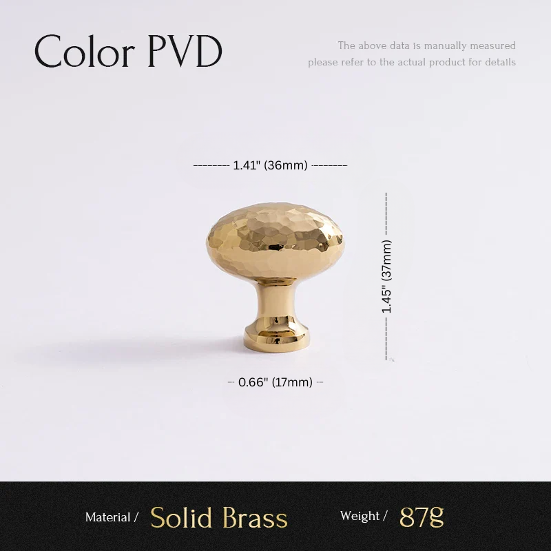 Gold cabinet knob with dimensions and material details on a white background