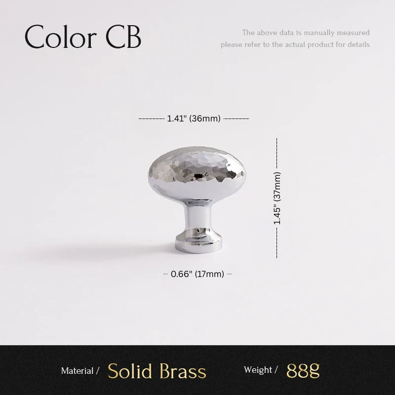 Solid brass cabinet knob with dimensions and material details on a white background
