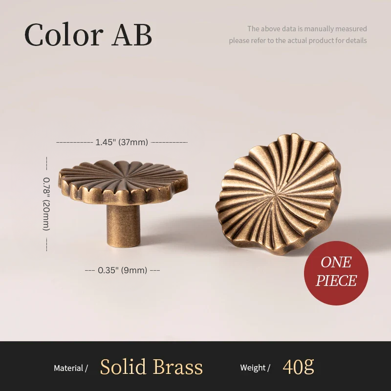 Two solid brass cabinet knobs with measurements and material details on a beige background