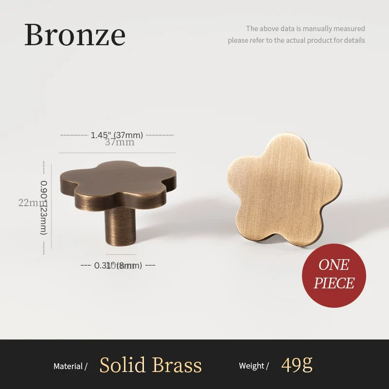 Bronze and gold flower-shaped knobs with measurements on a white background