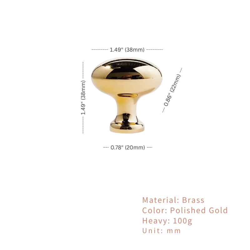 Gold cabinet knob with dimensions and material details on a white background