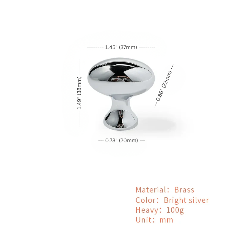 Chrome cabinet knob with dimensions and material details on a white background
