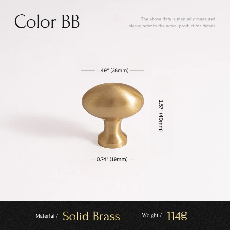 Brass cabinet knob with dimensions and material details on a white background