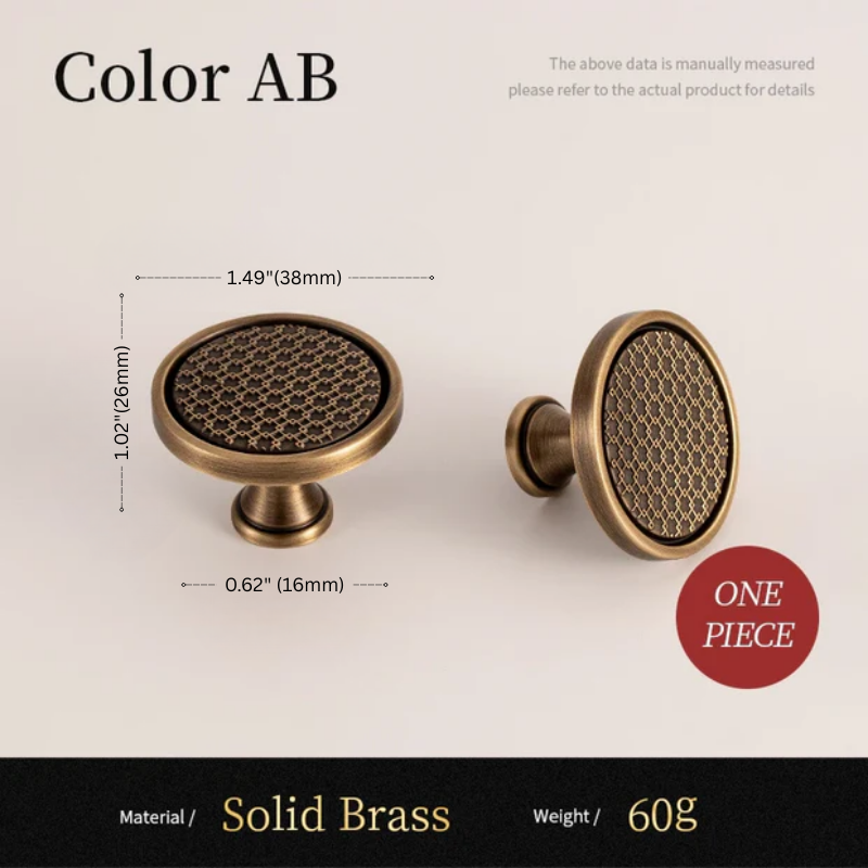 Solid brass cabinet knob with dimensions and material details on a beige background